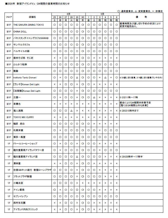 ゴールデンウィーク期間の営業状況について①