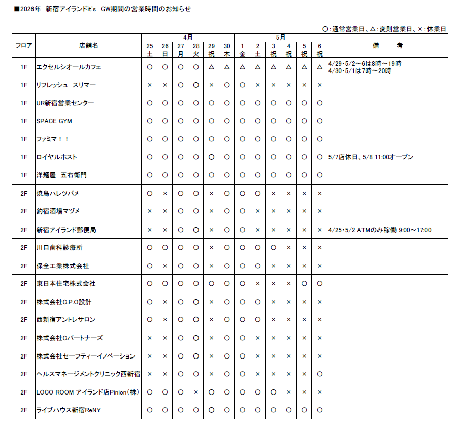 ゴールデンウィーク期間の営業状況について②