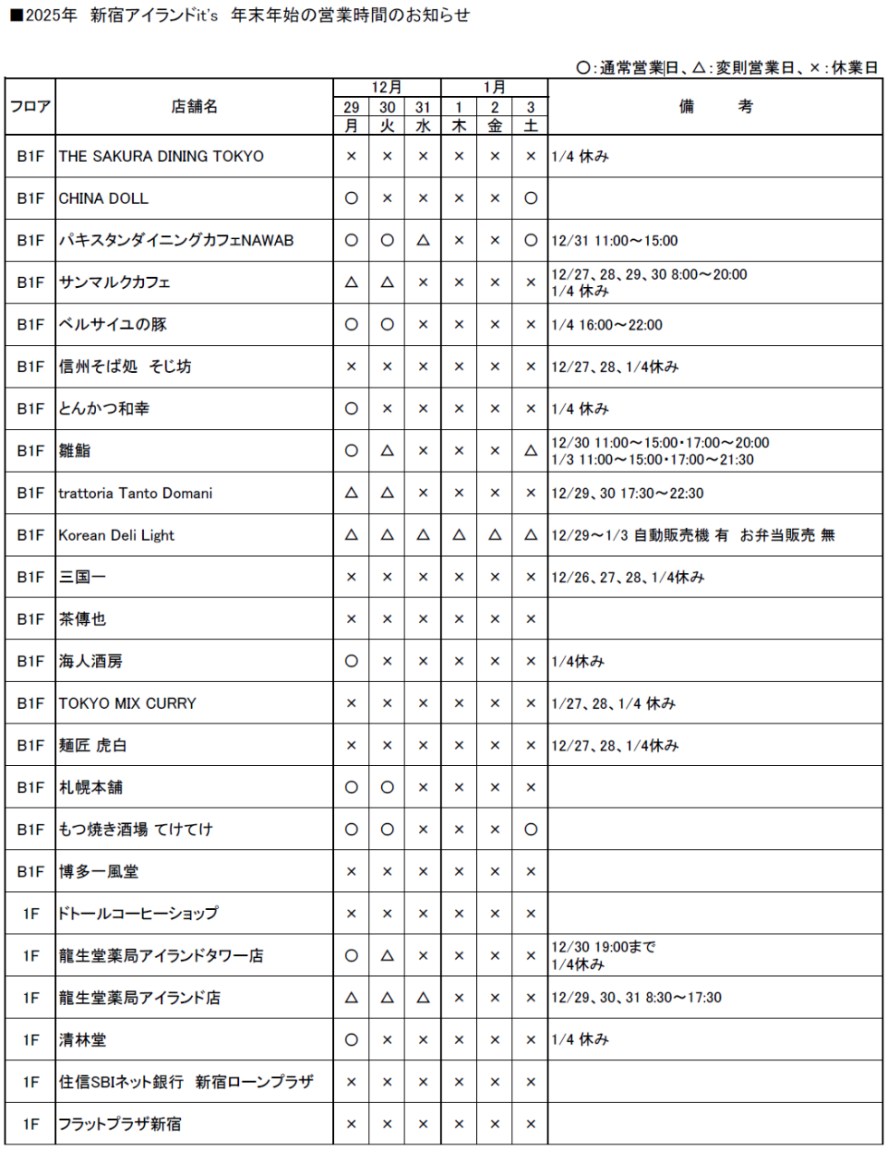 年末年始の営業状況について①